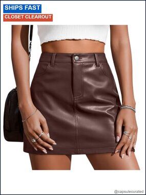 Faux Leather High Waist A-Line Mini Skirt with Pockets